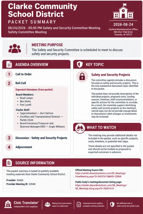 Clarke Community School District — School Board Packet Summary — August 24, 2026 infographic