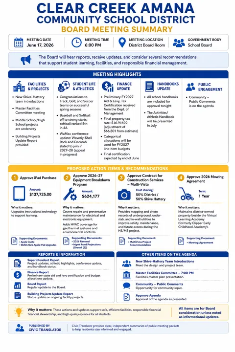 Clear Creek Amana Community School District — School Board Packet Summary — June 17, 2026 infographic