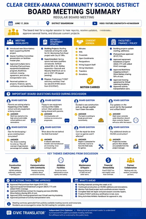 Clear Creek Amana Community School District — School Board Meeting Summary — June 17, 2026 infographic