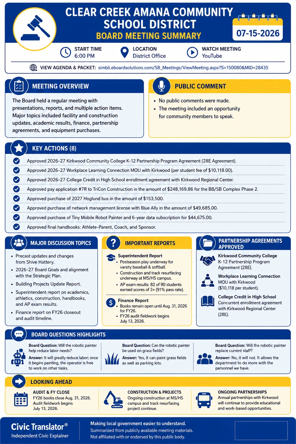 School Board Meeting Summary – CCA – July 15, 2026 infographic