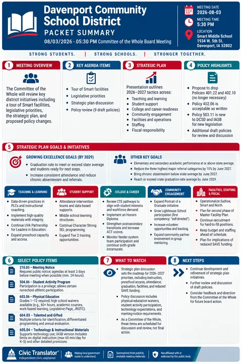 Davenport Community School District — School Board Packet Summary — August 3, 2026 infographic