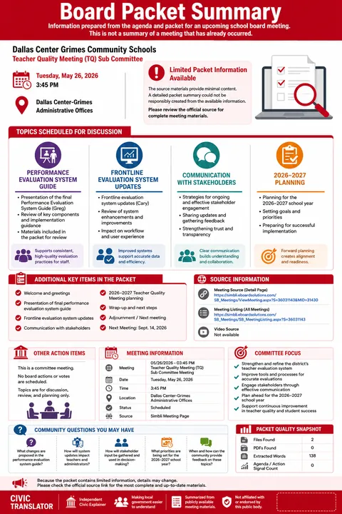 Dallas Center Grimes Community Schools — School Board Packet Summary — May 26, 2026 infographic