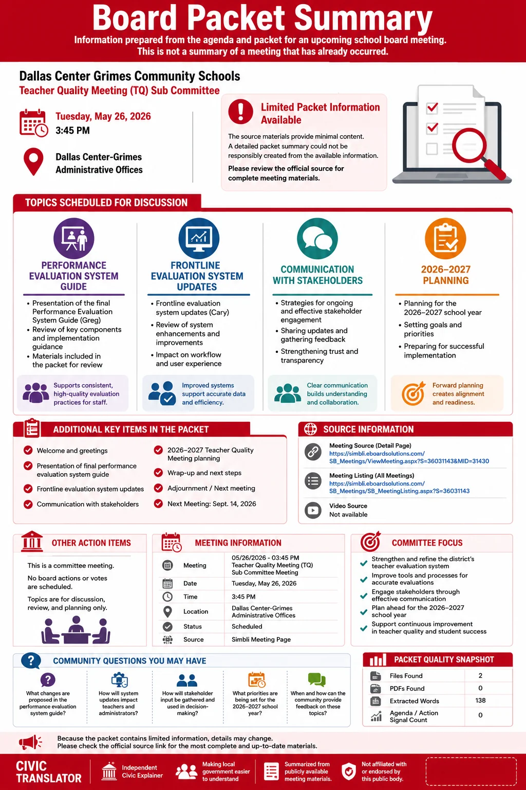 School Board Agenda & Packet Summary – DCG – May 26, 2026 infographic