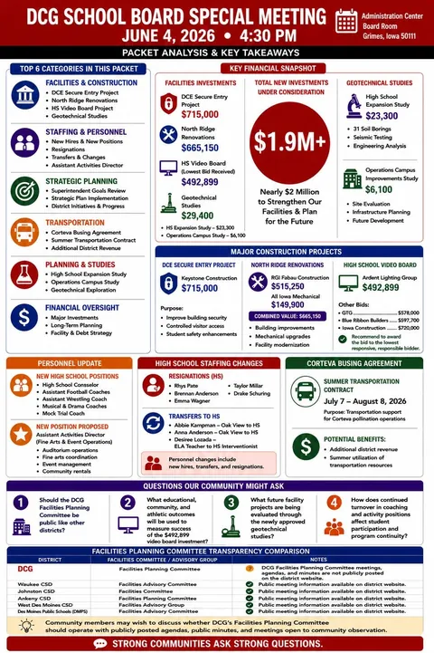 Dallas Center Grimes Community Schools — School Board Packet Summary — June 4, 2026 infographic