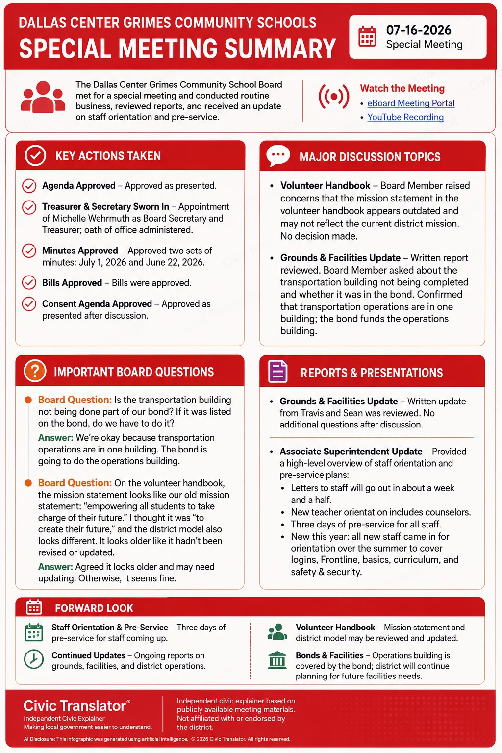 School Board Meeting Summary – DCG – July 16, 2026 infographic
