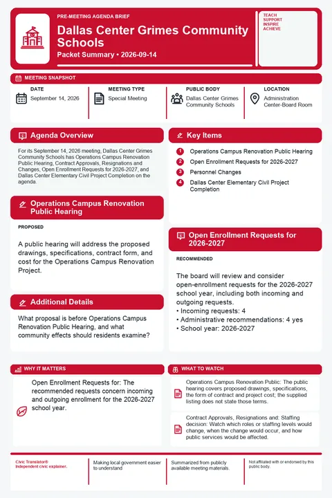 Dallas Center Grimes Community Schools — School Board Packet Summary — September 14, 2026 infographic