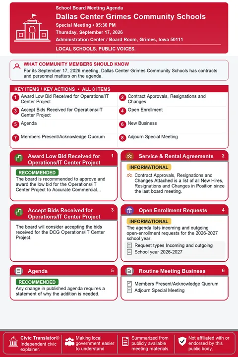 Dallas Center Grimes Community Schools — School Board Packet Summary — September 17, 2026 infographic