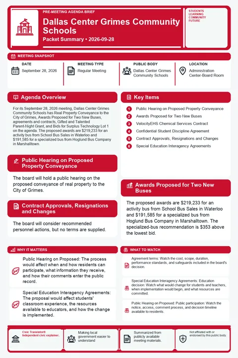 Dallas Center Grimes Community Schools — School Board Packet Summary — September 28, 2026 infographic