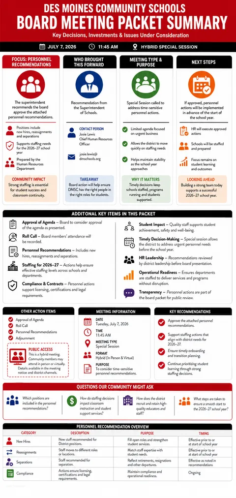 Des Moines Community Schools — School Board Packet Summary — July 7, 2026 infographic