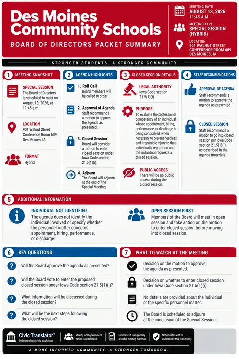 Des Moines Community Schools — School Board Packet Summary — August 13, 2026 infographic