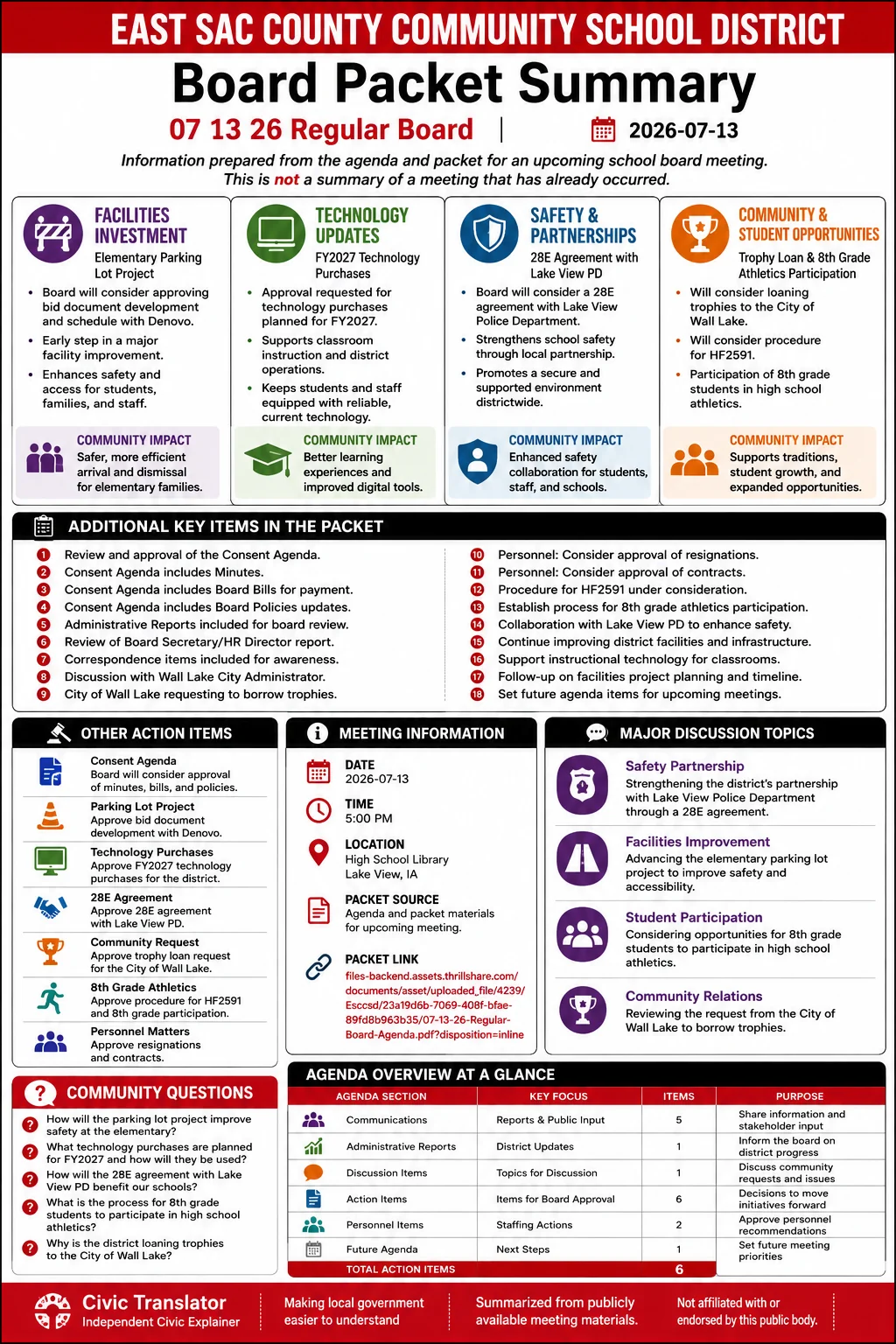 School Board Agenda & Packet Summary – East Sac County Community School District – July 13, 2026 infographic
