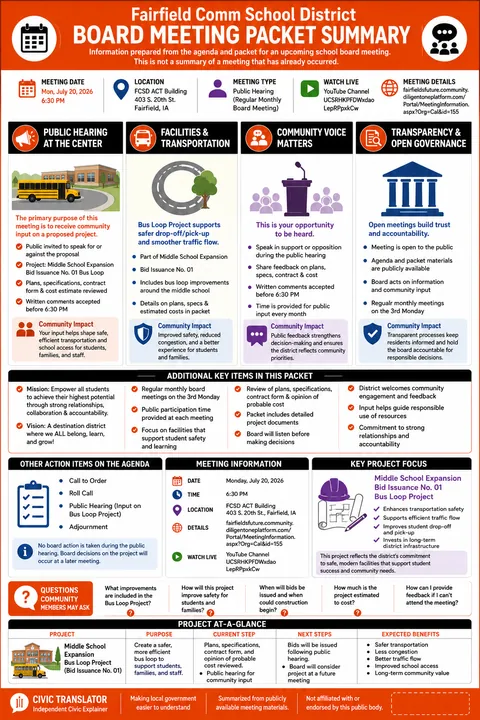 Fairfield Comm School District — School Board Packet Summary — July 20, 2026 infographic