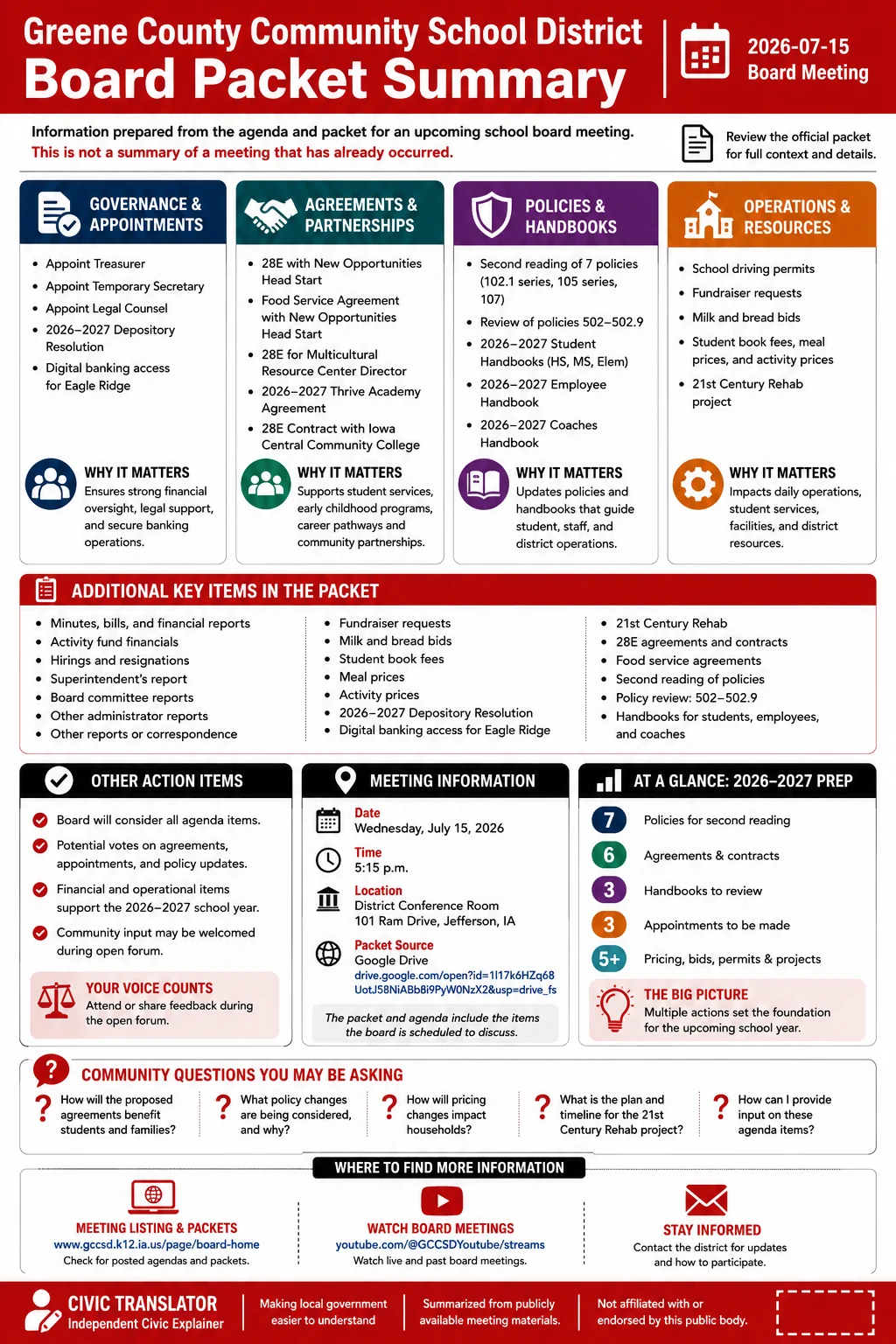School Board Agenda & Packet Summary – Greene County Community School District – July 15, 2026 infographic
