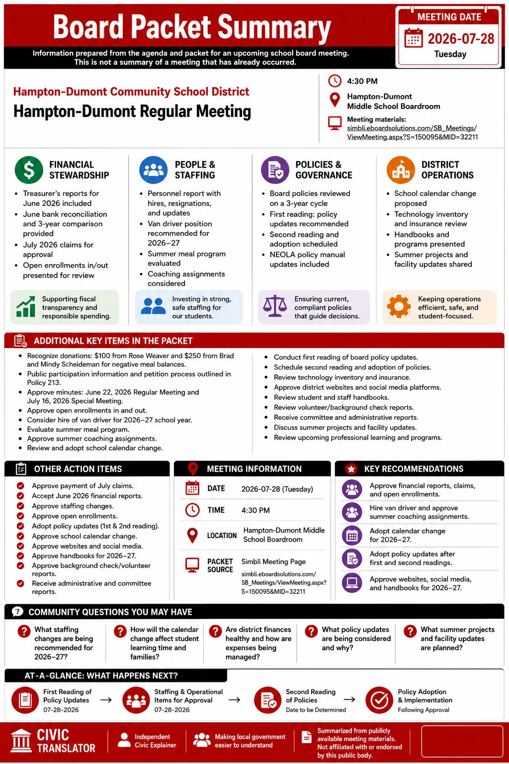 School Board Agenda & Packet Summary – Hampton-Dumont Community School District – July 28, 2026 infographic