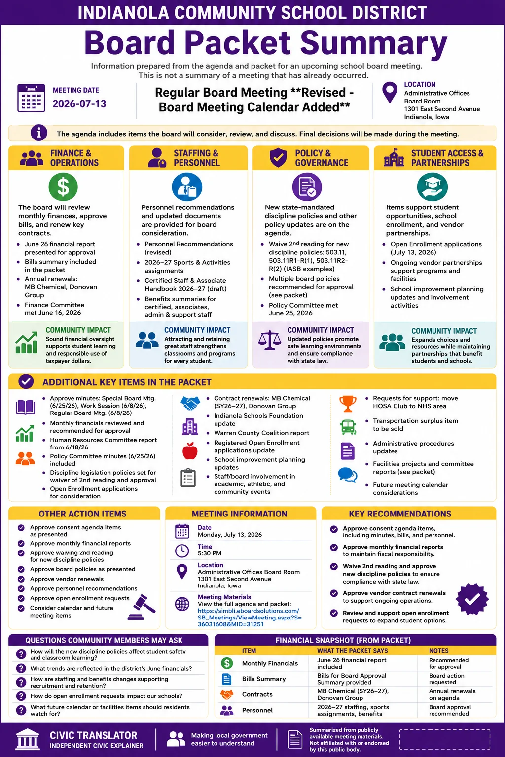 School Board Agenda & Packet Summary – Indianola (ICSD) – July 13, 2026 infographic