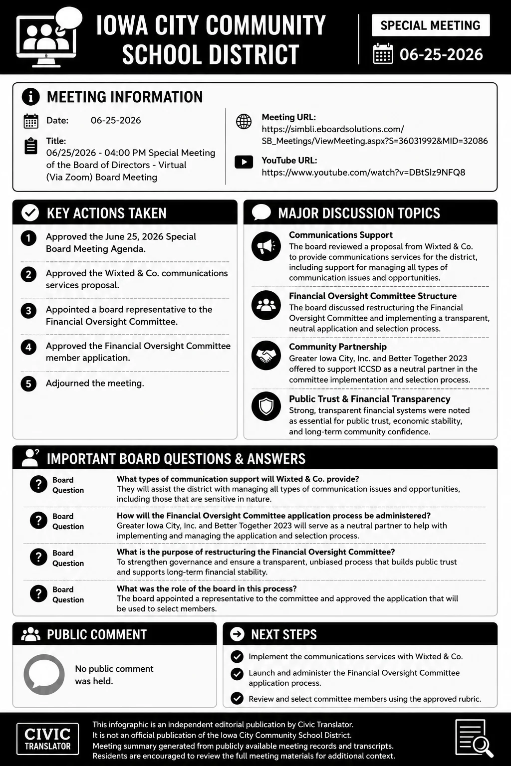 School Board Meeting Summary – ICCSD – June 25, 2026 infographic