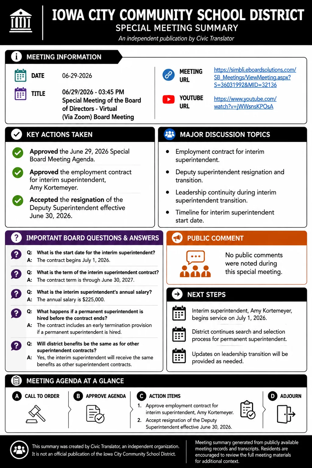 School Board Meeting Summary – ICCSD – June 29, 2026 infographic