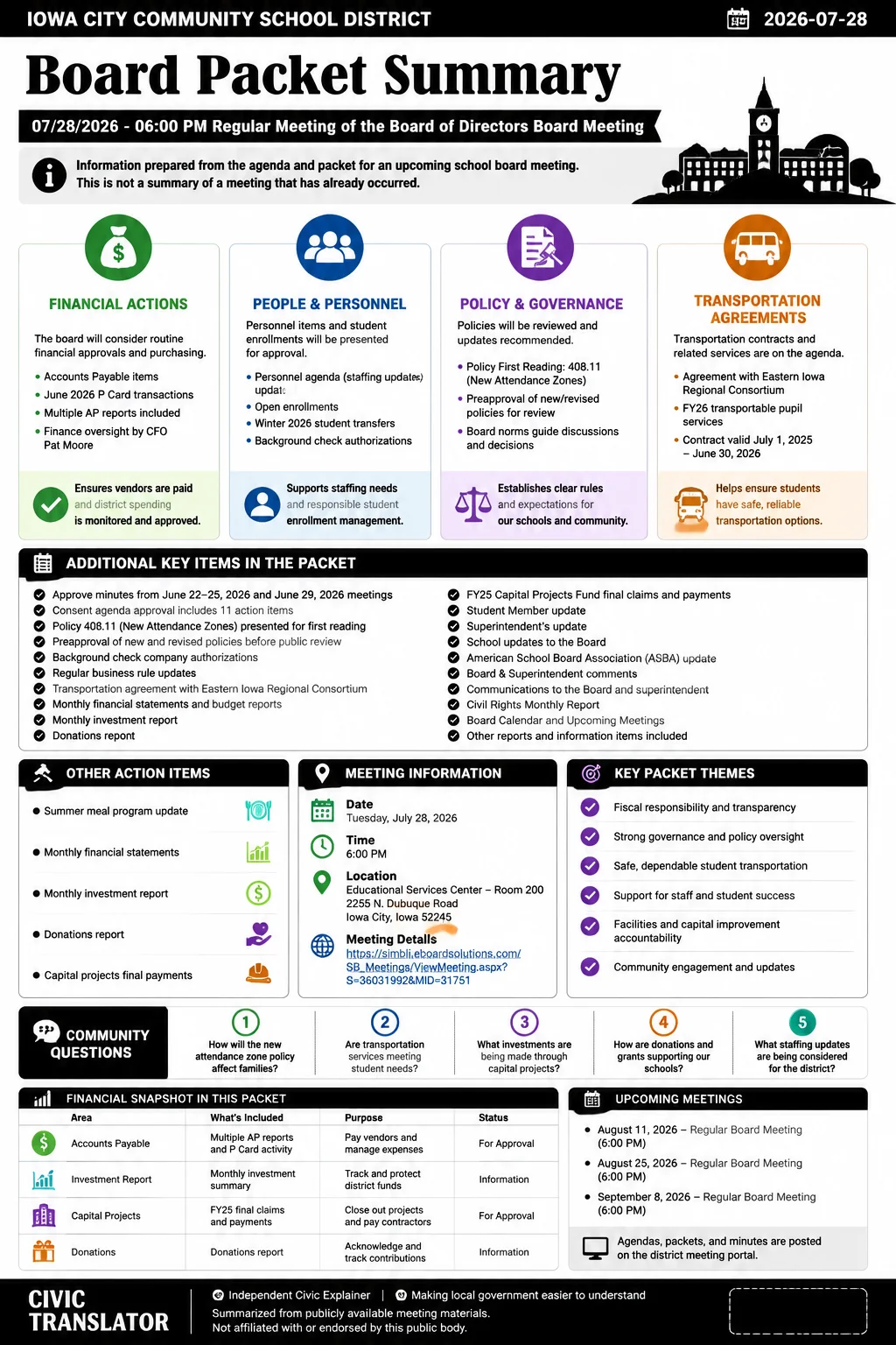 School Board Agenda & Packet Summary – ICCSD – July 28, 2026 infographic