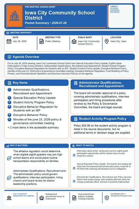 Iowa City Community School District — School Board Packet Summary — July 28, 2026 infographic