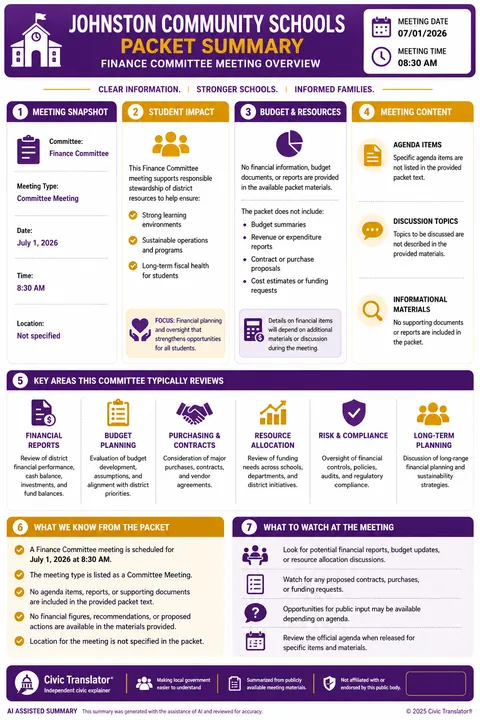 Johnston Community Schools — School Board Packet Summary — July 1, 2026 infographic