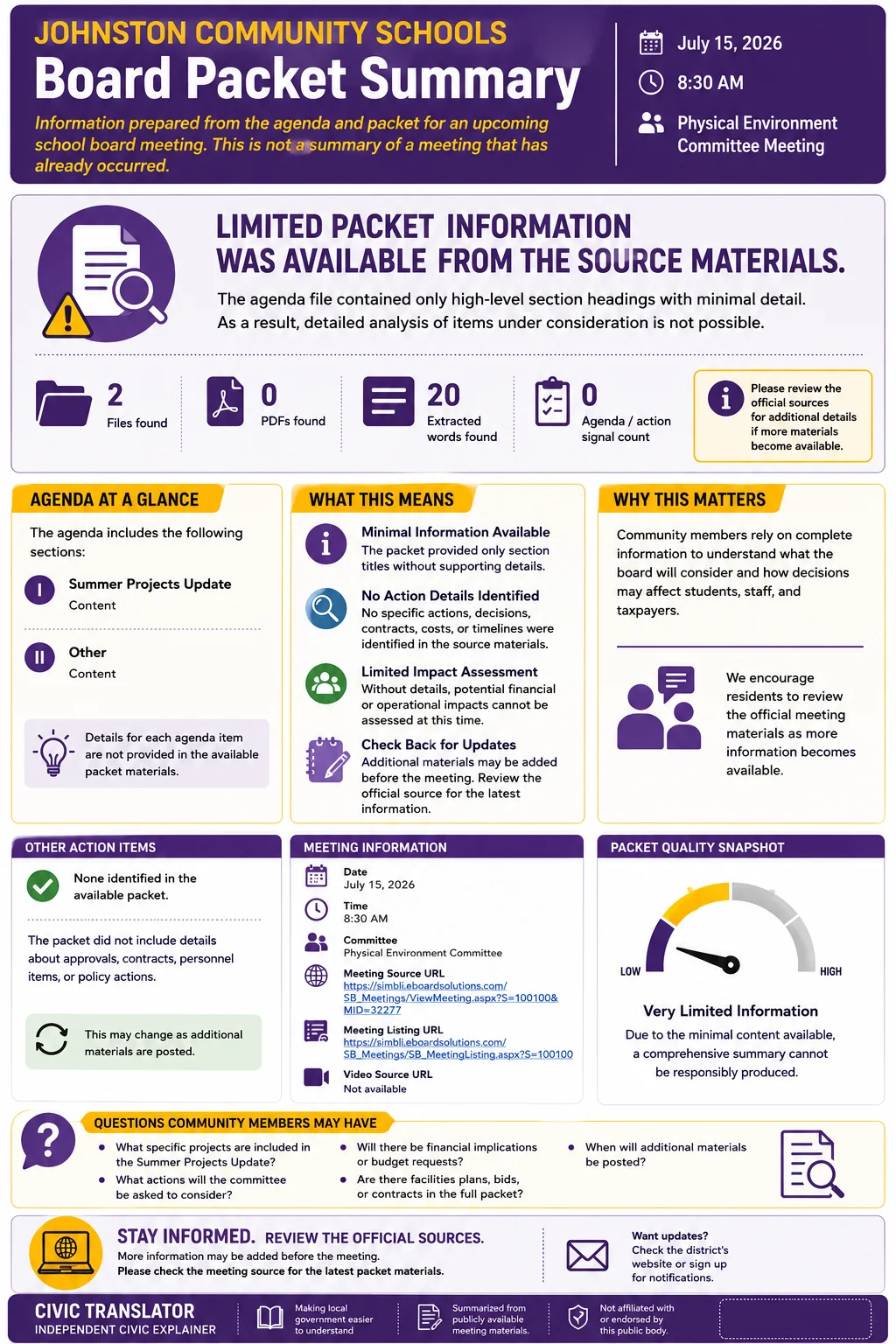 School Board Agenda & Packet Summary – Johnston Community Schools – July 15, 2026 infographic