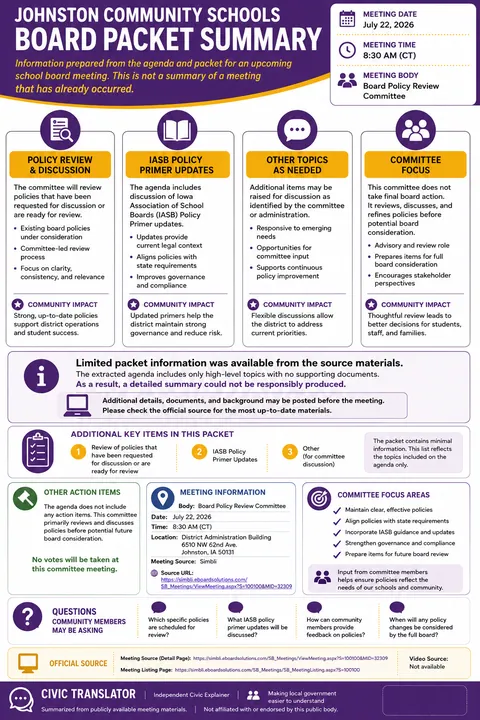 Johnston Community Schools — School Board Packet Summary — July 22, 2026 infographic