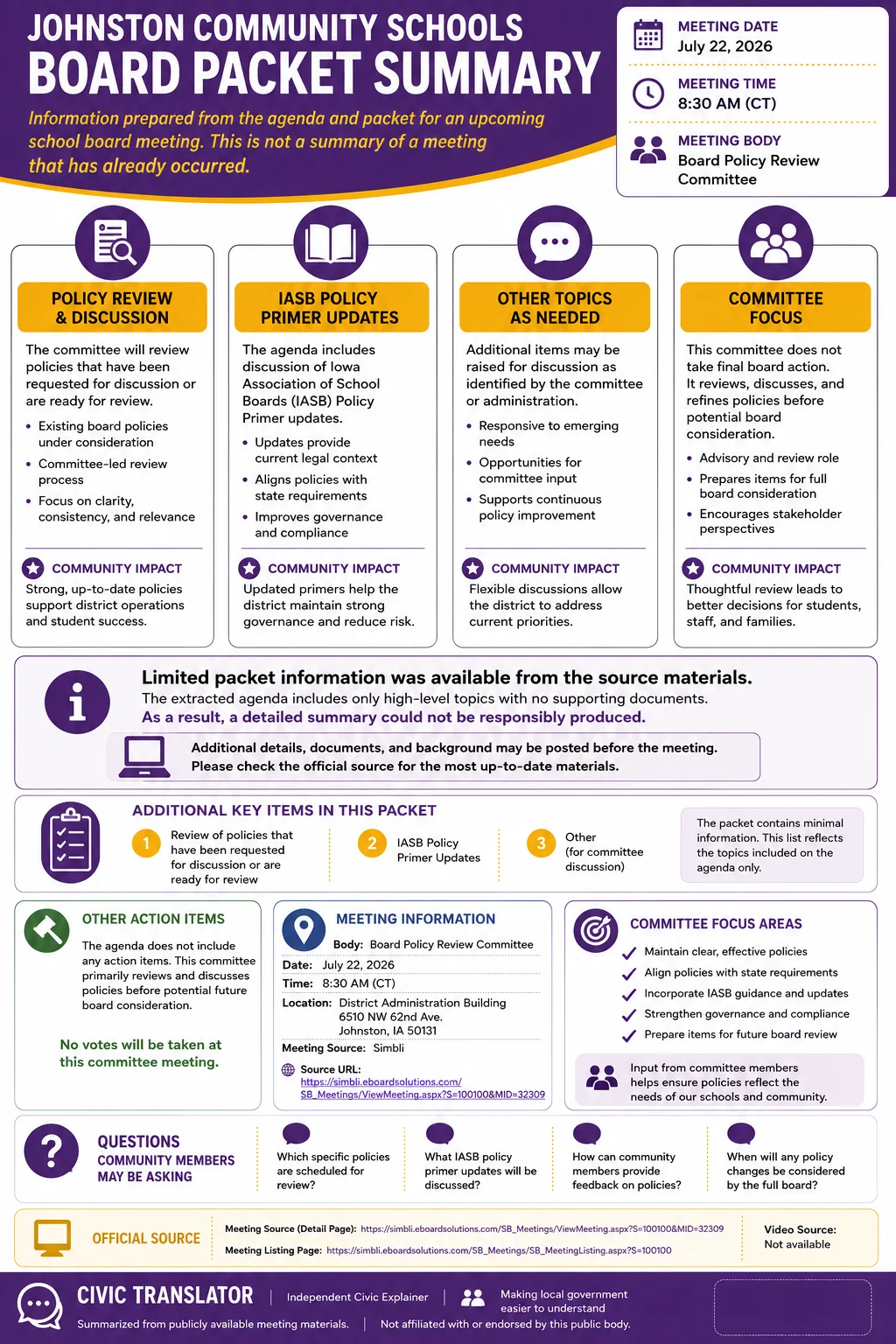 School Board Agenda & Packet Summary – Johnston Community Schools – July 22, 2026 infographic