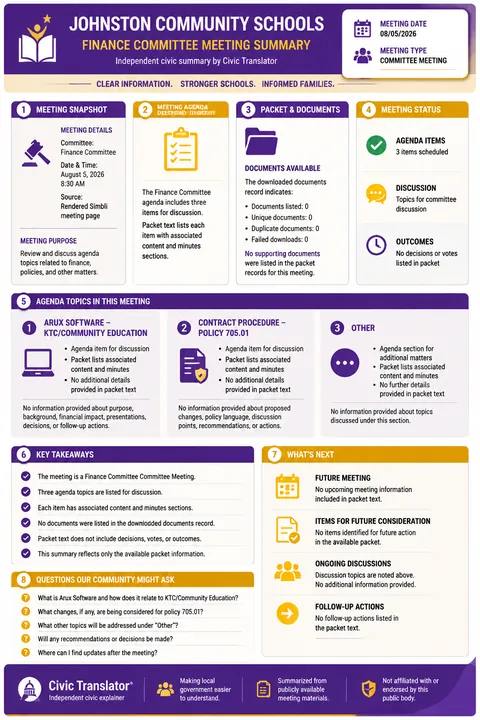 Johnston Community Schools — School Board Packet Summary — August 5, 2026 infographic