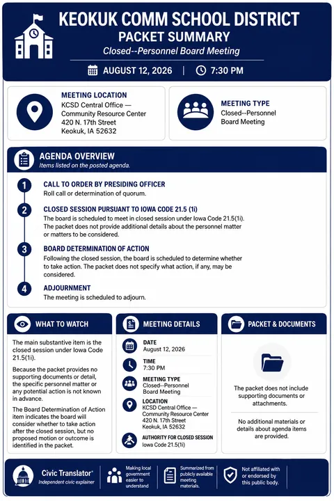 Keokuk Comm School District — School Board Packet Summary — August 12, 2026 infographic