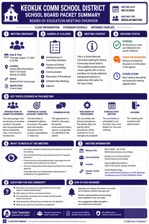 Keokuk Comm School District — School Board Packet Summary — August 13, 2026 infographic