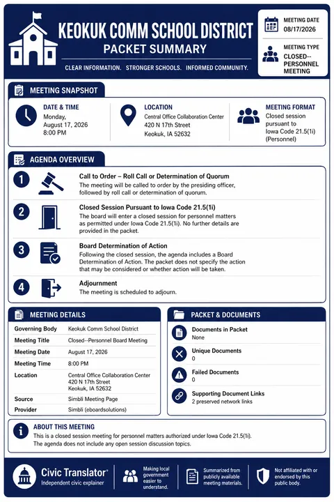Keokuk Comm School District — School Board Packet Summary — August 17, 2026 infographic