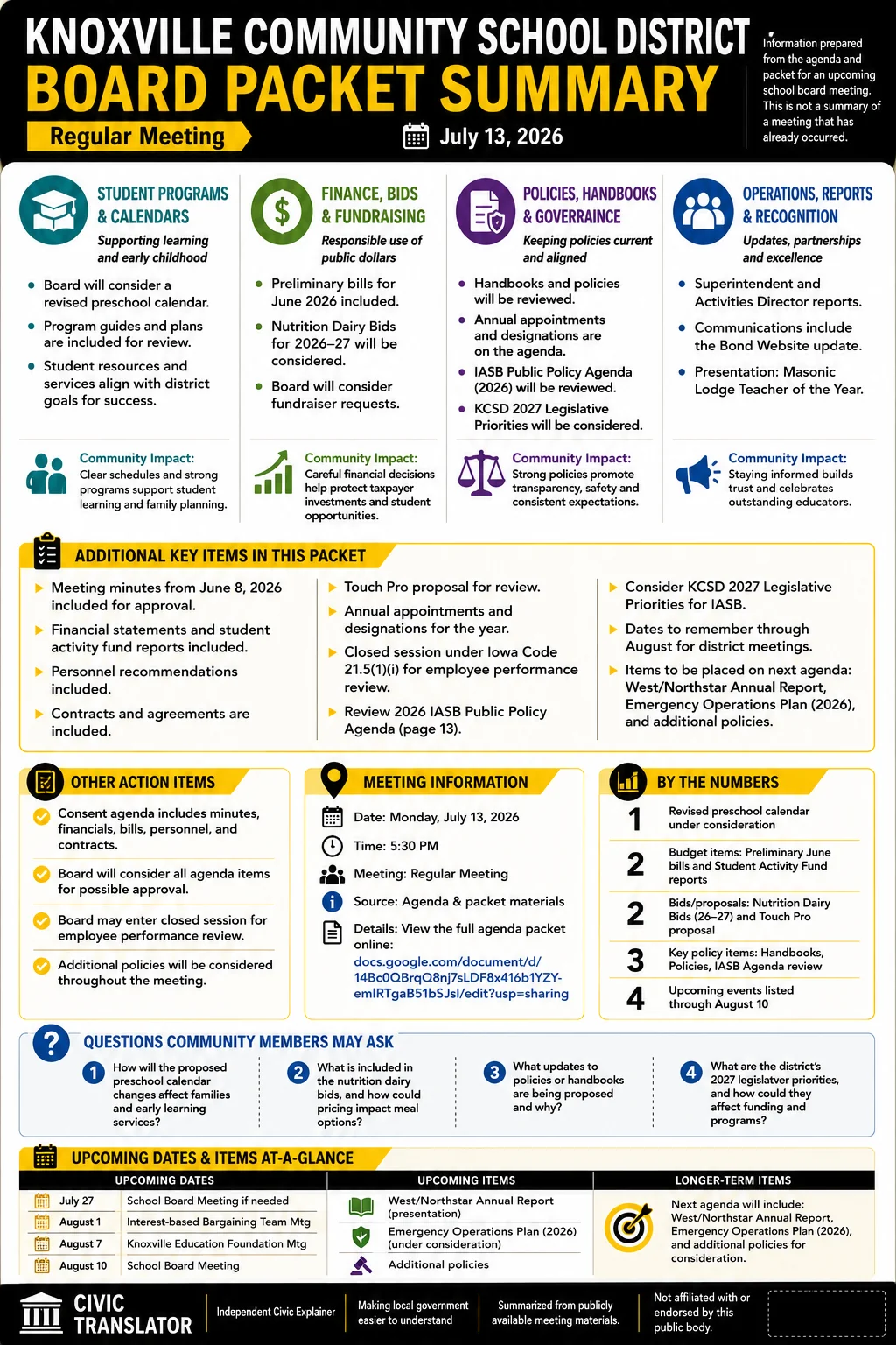 School Board Agenda & Packet Summary – KCSD – July 13, 2026 infographic