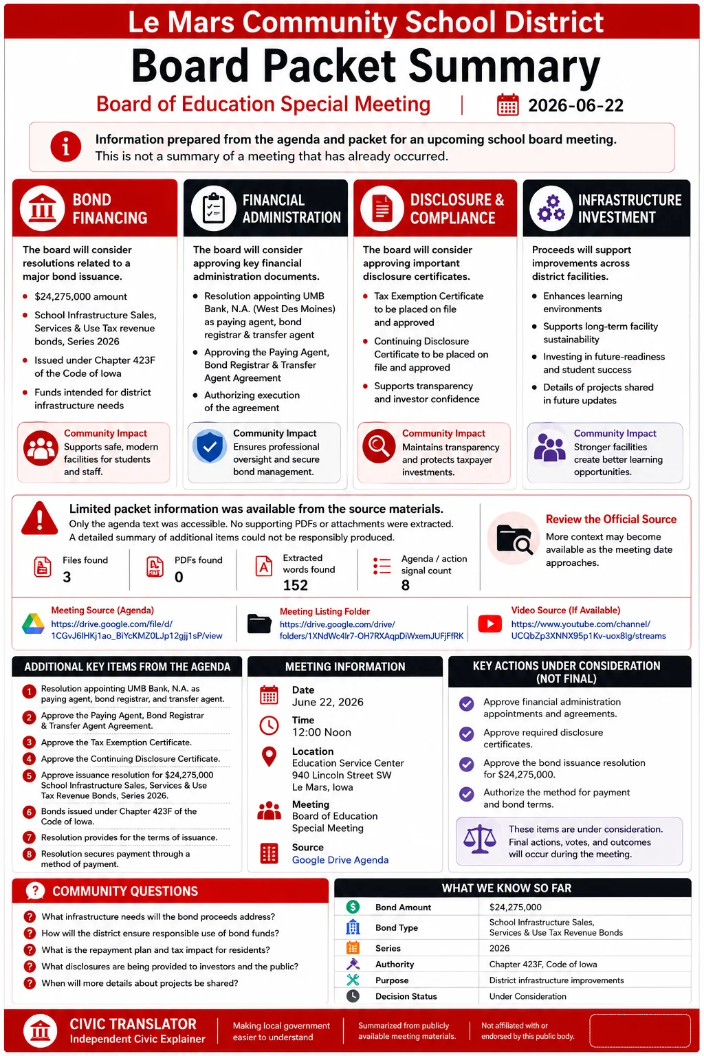 School Board Agenda & Packet Summary – LCSD – June 22, 2026 infographic