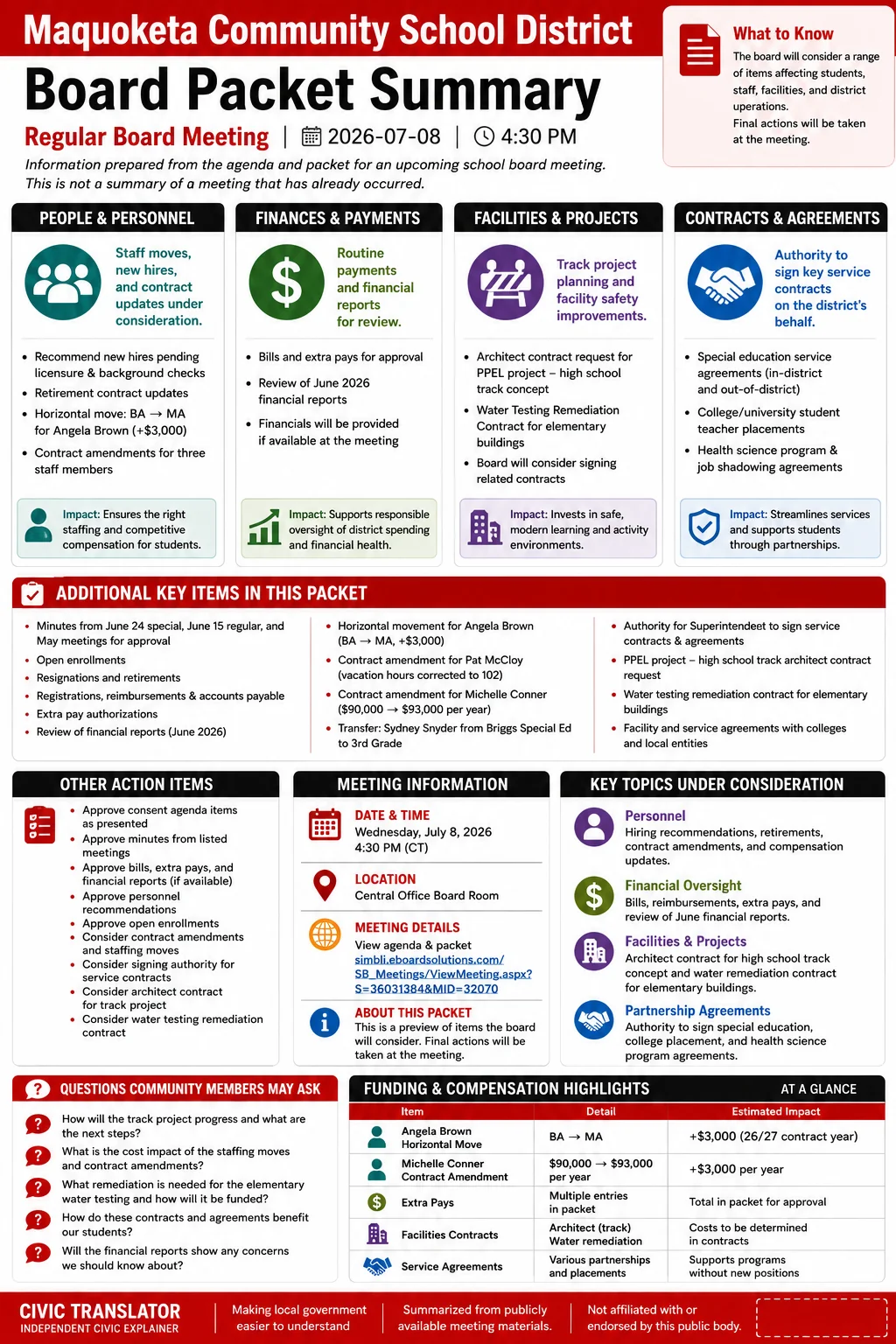 School Board Agenda & Packet Summary – Maquoketa Community School District – July 8, 2026 infographic