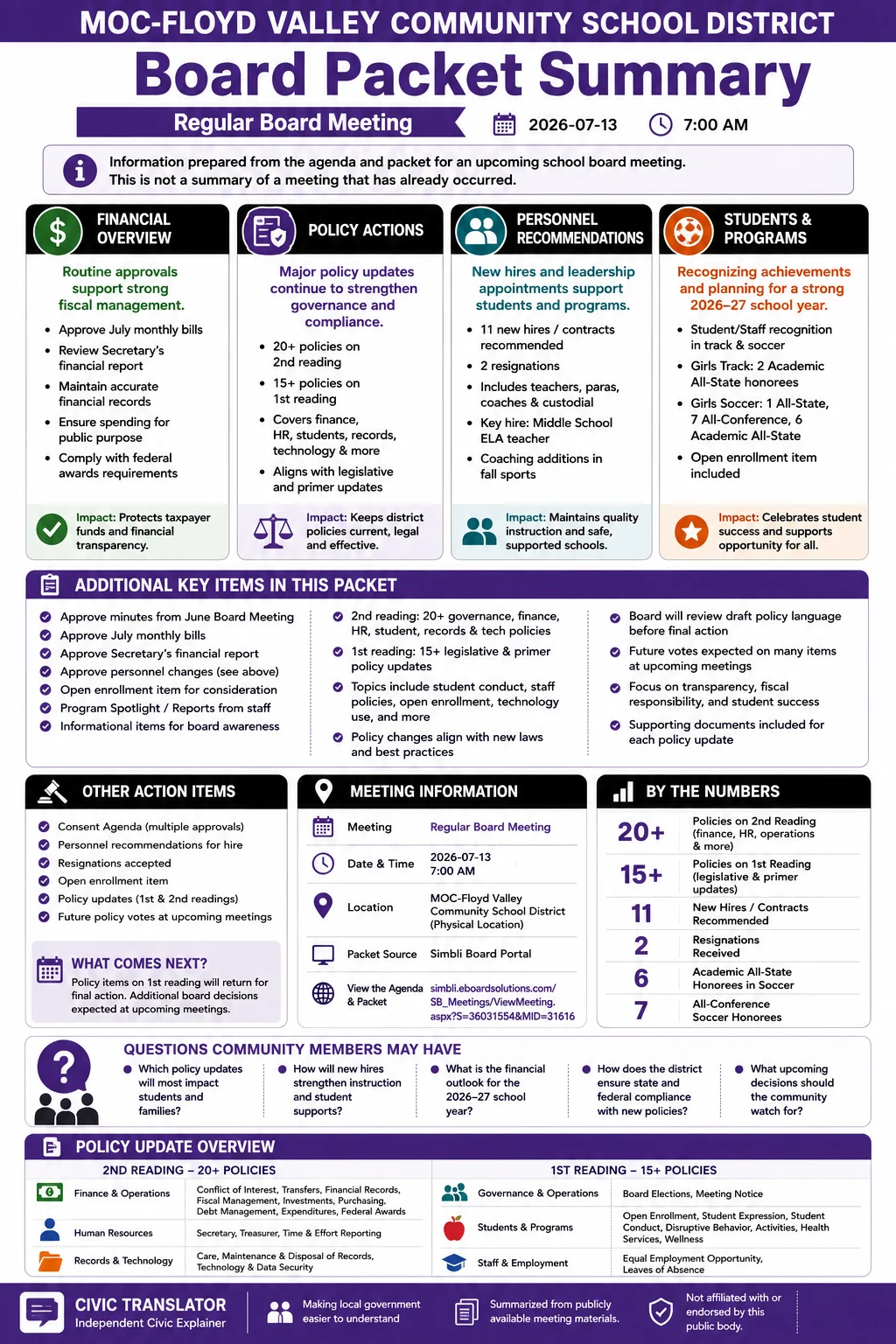School Board Agenda & Packet Summary – MOC-FV – July 13, 2026 infographic