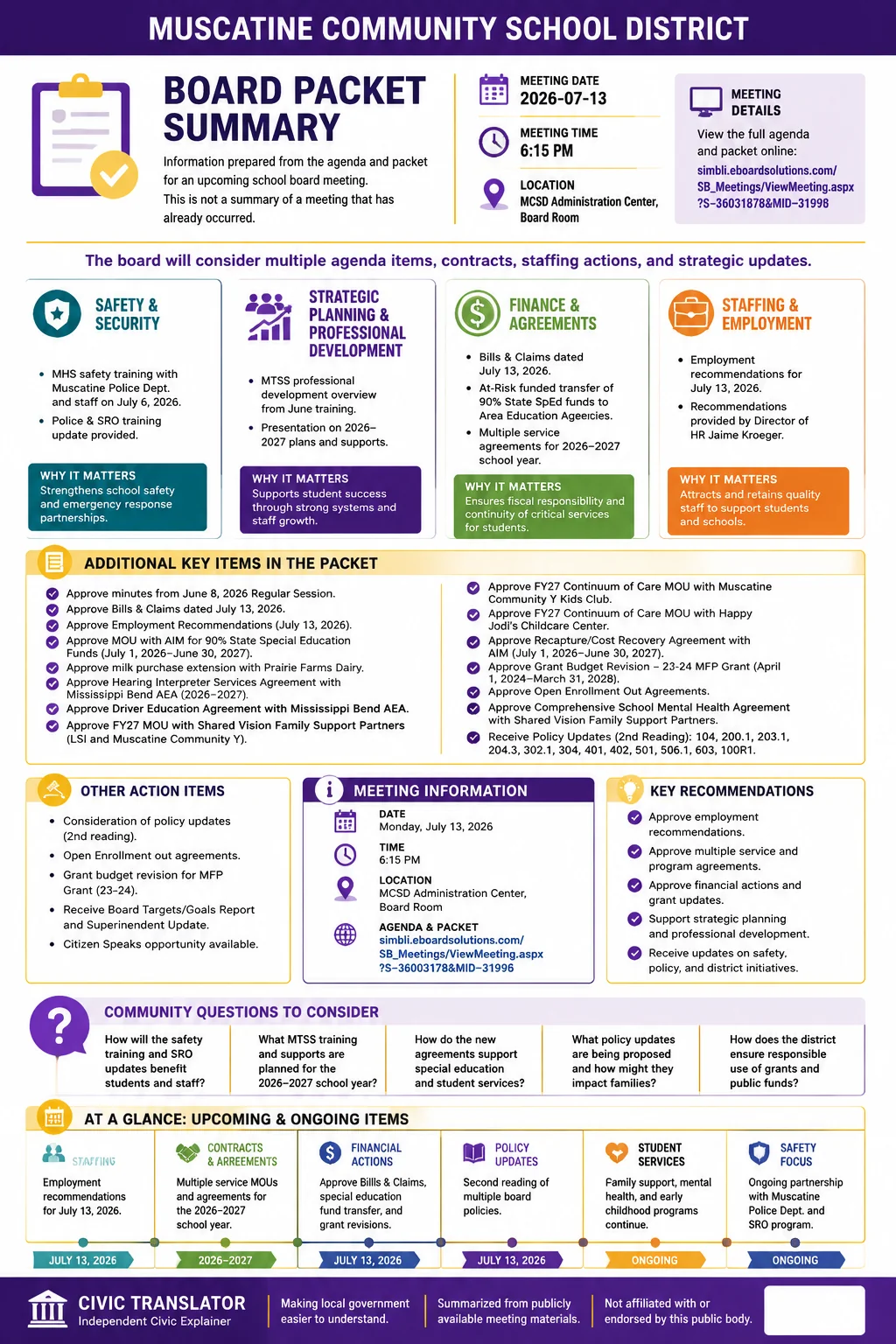 School Board Agenda & Packet Summary – Muscatine Community School District – July 13, 2026 infographic