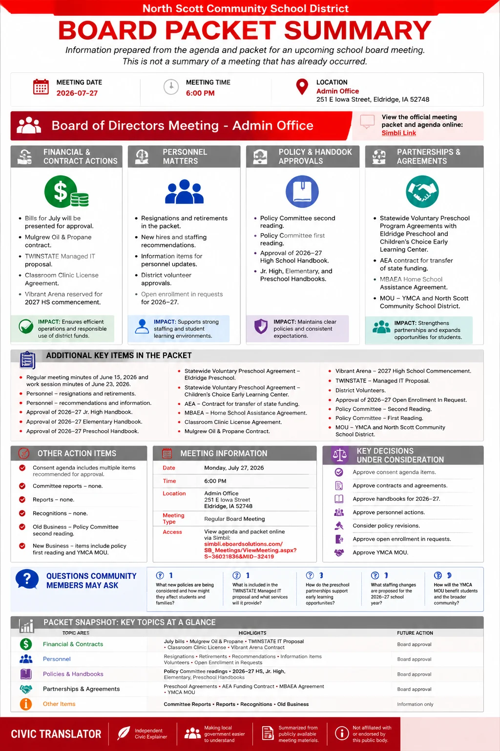School Board Agenda & Packet Summary – North Scott Community School District – July 27, 2026 infographic
