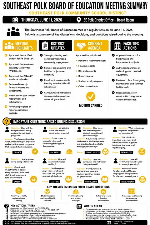 Southeast Polk Community Schools — School Board Meeting Summary — June 11, 2026 infographic