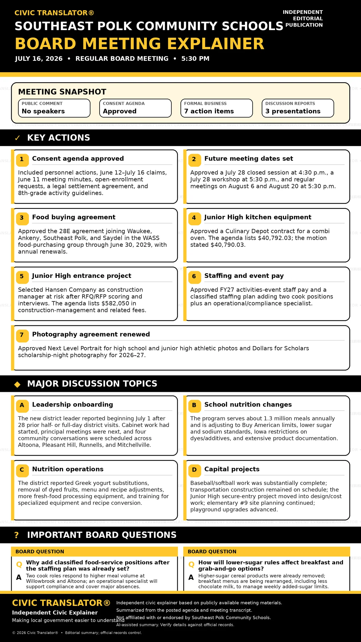 School Board Meeting Summary – SEP – July 16, 2026 infographic