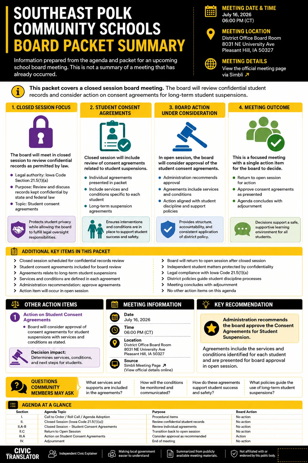 School Board Agenda & Packet Summary – SEP – July 16, 2026 infographic