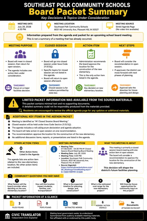 Southeast Polk Community Schools — School Board Meeting — Packet Summary — July 28, 2026 infographic