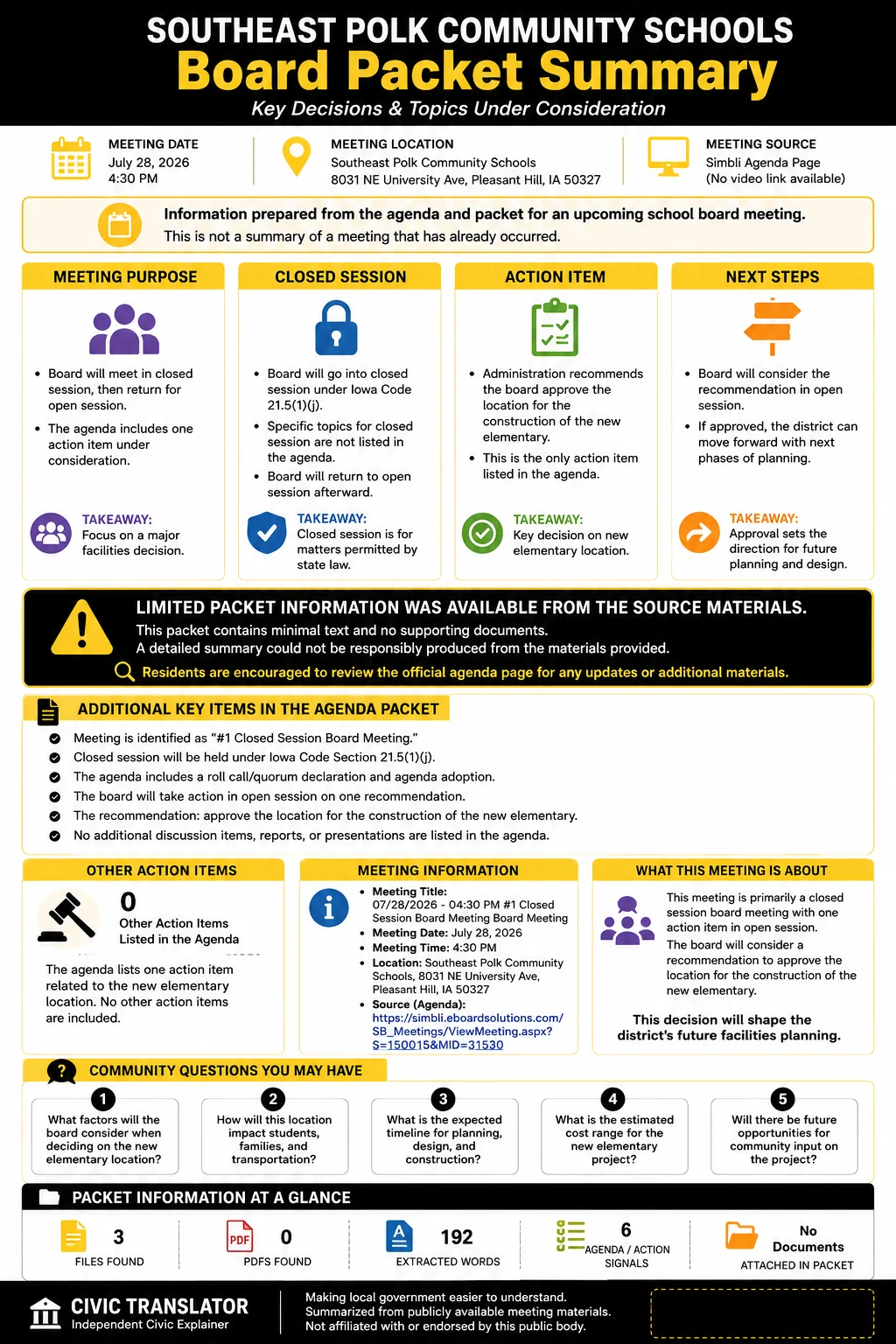 School Board Agenda & Packet Summary – SEP – July 28, 2026 infographic