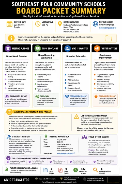 Southeast Polk Community Schools — School Board Meeting — Packet Summary — July 28, 2026 infographic