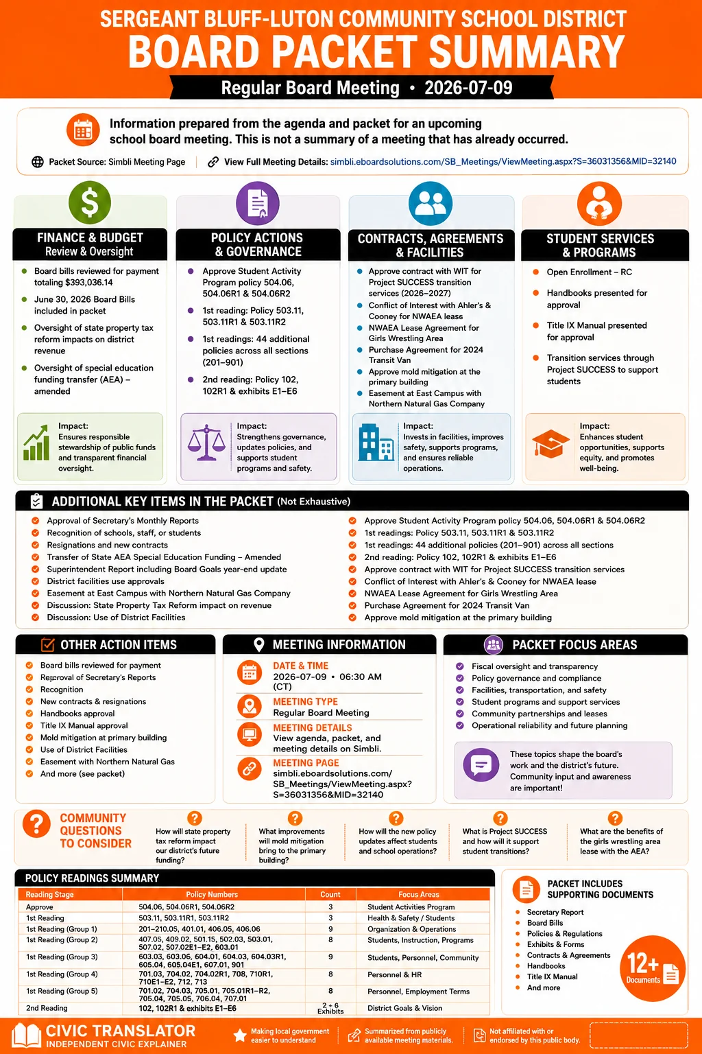 School Board Agenda & Packet Summary – SB-L – July 9, 2026 infographic