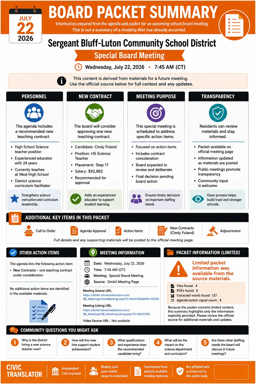School Board Agenda & Packet Summary – SB-L – July 22, 2026 infographic