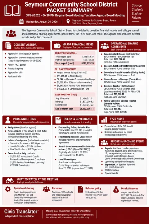 Seymour Community School District — School Board Packet Summary — August 26, 2026 infographic