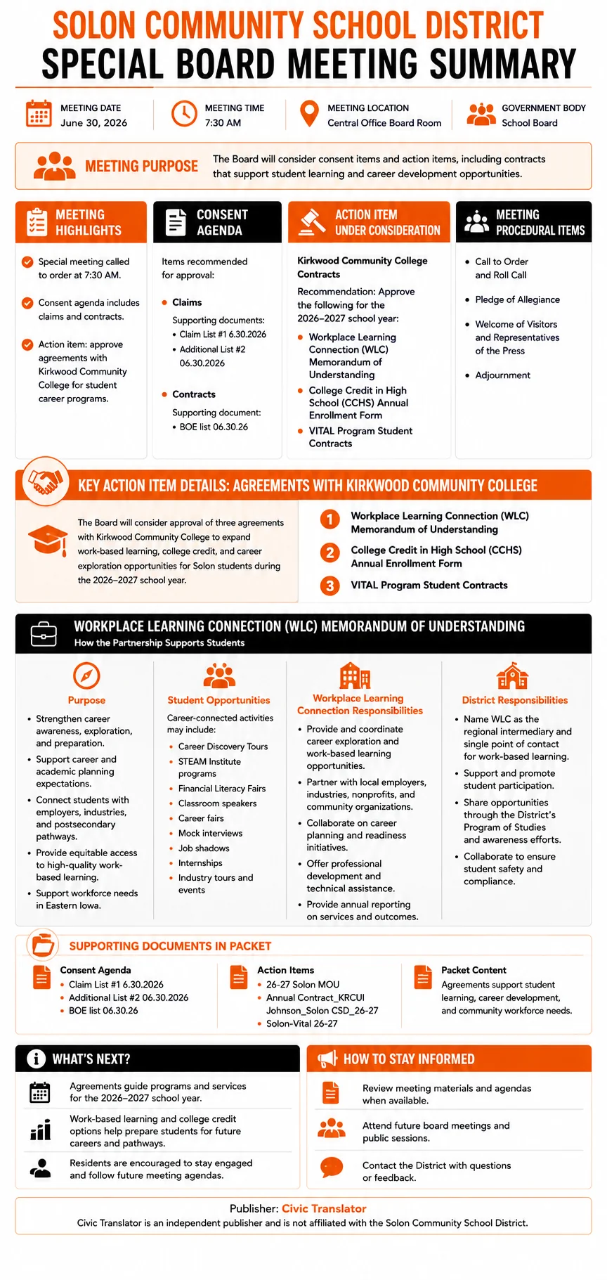 School Board Agenda & Packet Summary – Solon Community School District – June 30, 2026 infographic