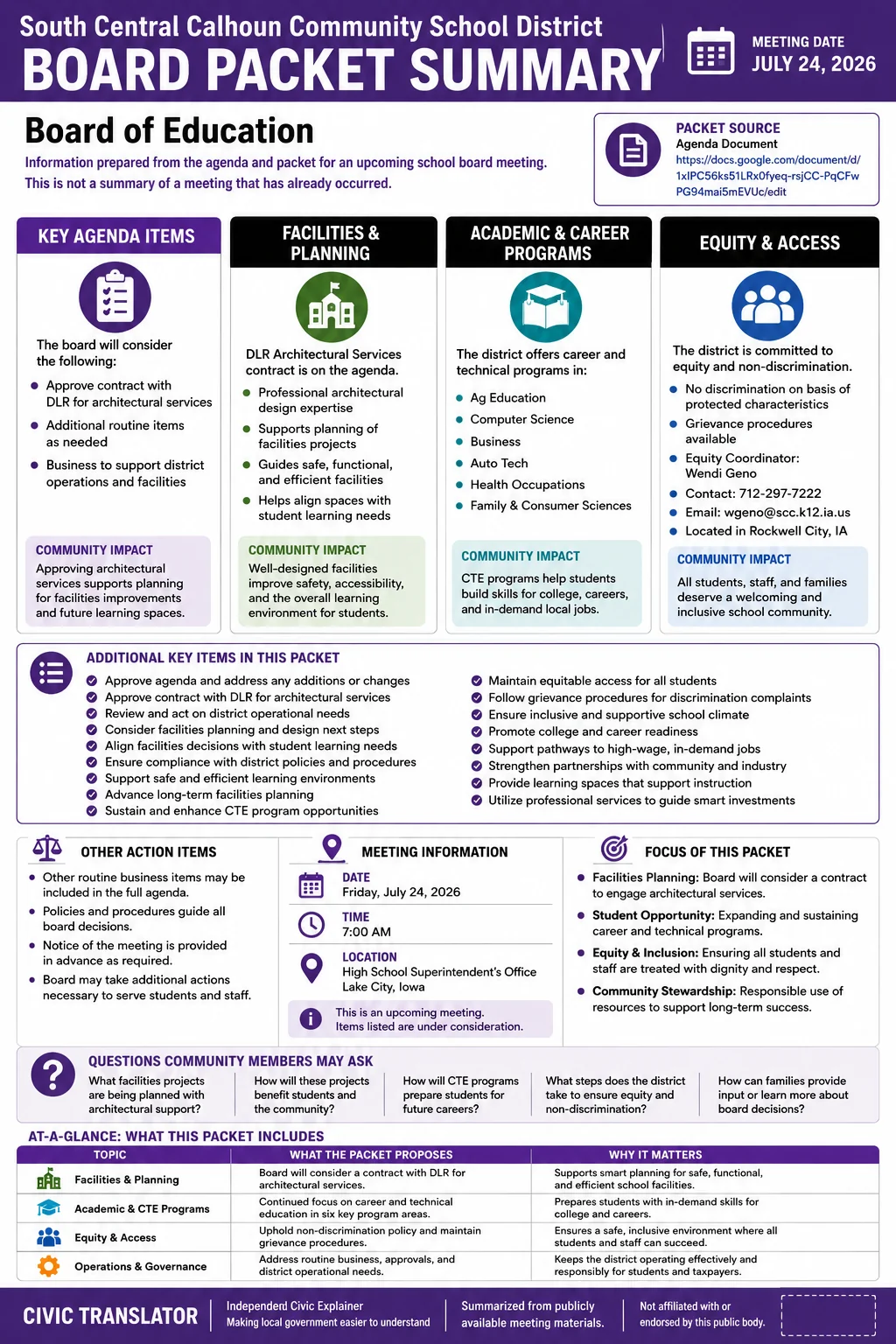 School Board Agenda & Packet Summary – South Central Calhoun Community School District – July 24, 2026 infographic