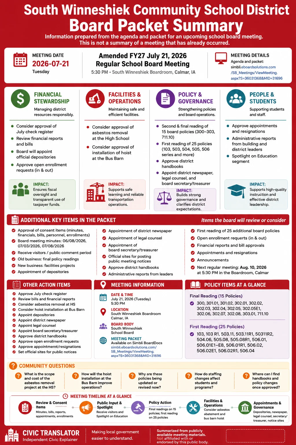 School Board Agenda & Packet Summary – SW – July 21, 2026 infographic