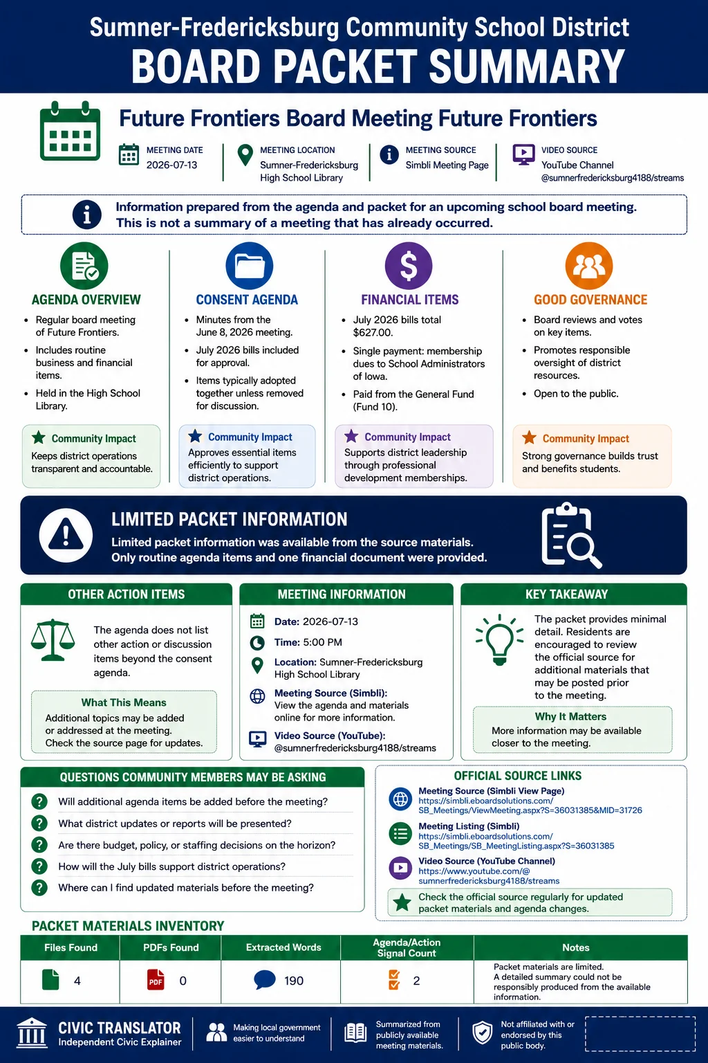 School Board Agenda & Packet Summary – SFCSD – July 13, 2026 infographic
